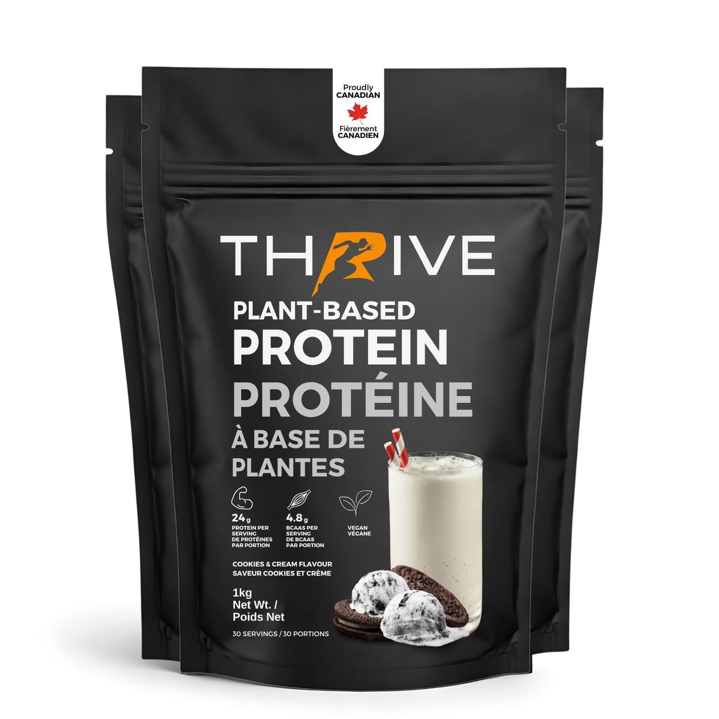 Thrive Plant-Based Protein cookies and cream – Canadian-made vegan protein powder, 3 units of 1 kg bags with 24 g protein per serving