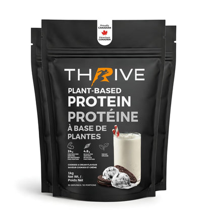 Thrive Plant-Based Protein cookies and cream – Canadian-made vegan protein powder, 3 units of 1 kg bags with 24 g protein per serving