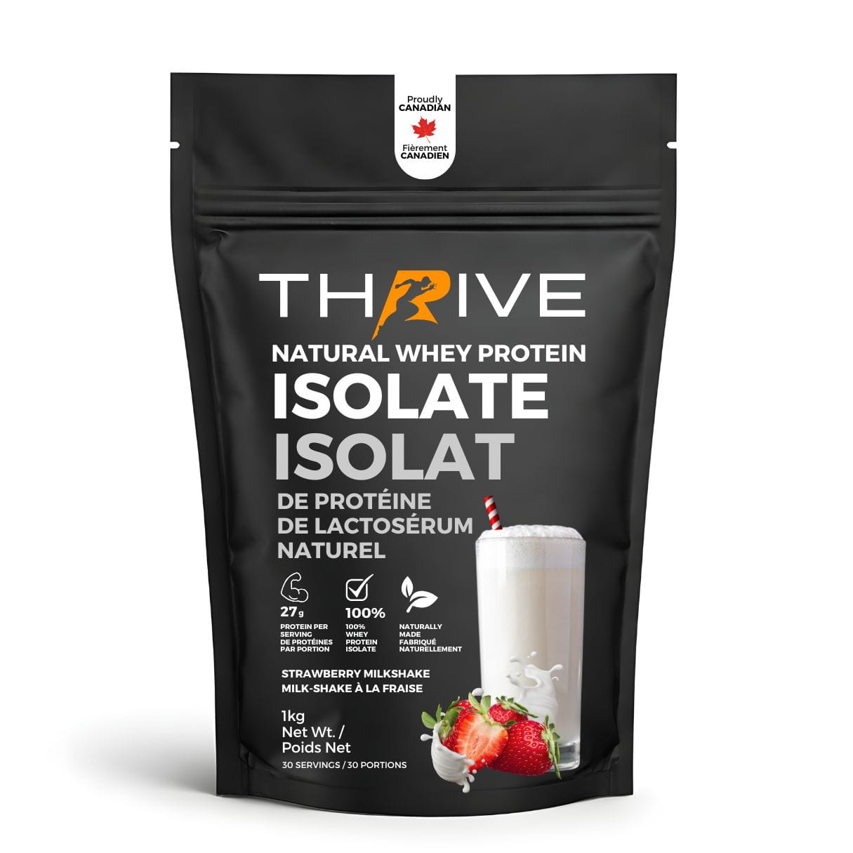 Thrive natural whey protein isolate strawberry, bag on a white background. 1 unit, 30 servings. 