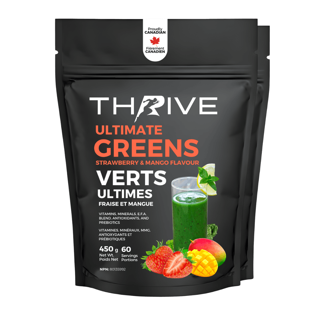 Thrive Ultimate Greens - Strawberry mango – Canadian-made greens powder with superfoods, prebiotics, and antioxidants, 450 g with 75 servings, 2 units
