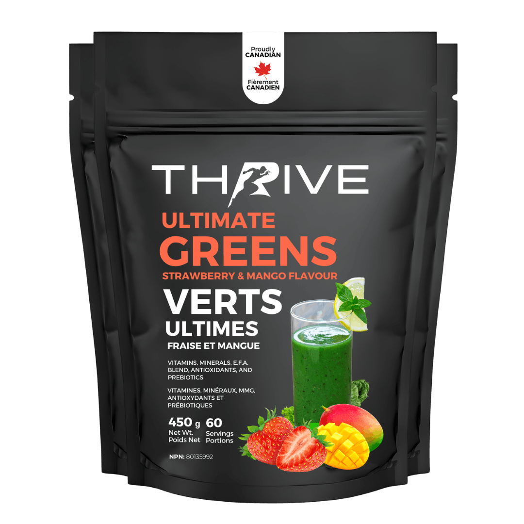 Thrive Ultimate Greens - Strawberry mango – Canadian-made greens powder with superfoods, prebiotics, and antioxidants, 450 g with 75 servings, 3 units