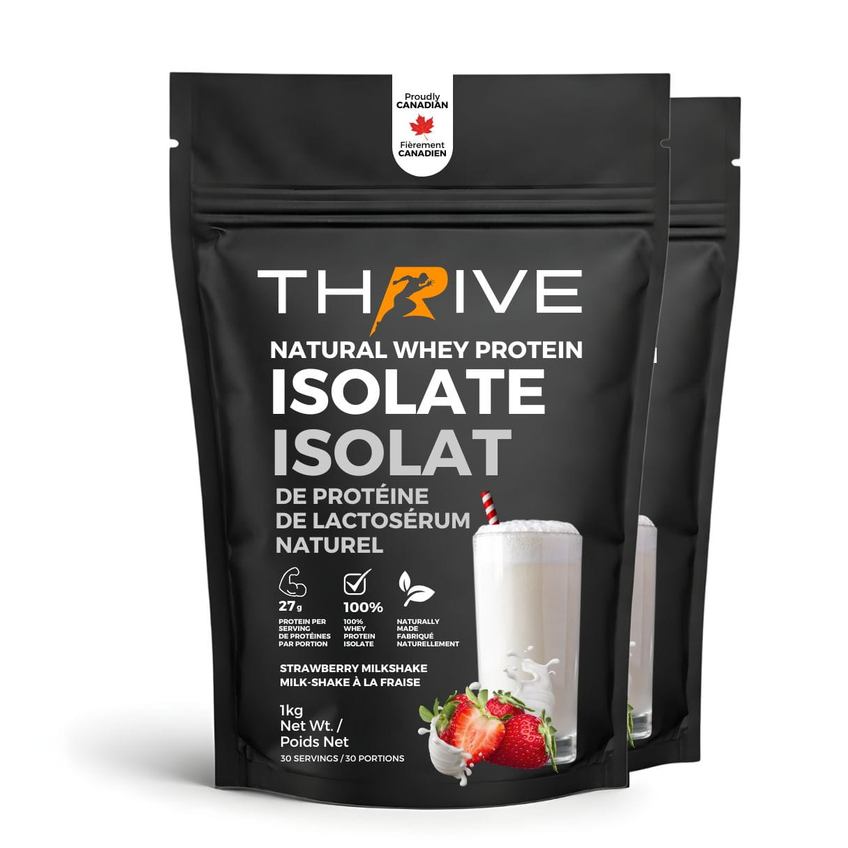 Thrive natural whey protein isolate strawberry, bag on a white background. 2 units, 60 servings. 