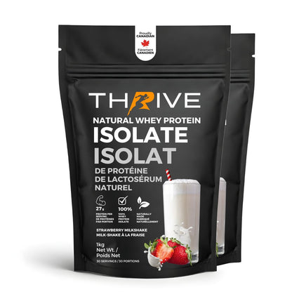 Thrive natural whey protein isolate strawberry, bag on a white background. 2 units, 60 servings. 
