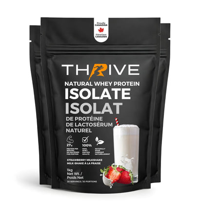 Thrive natural whey protein isolate strawberry, bag on a white background. 3 unit, 90 servings. 