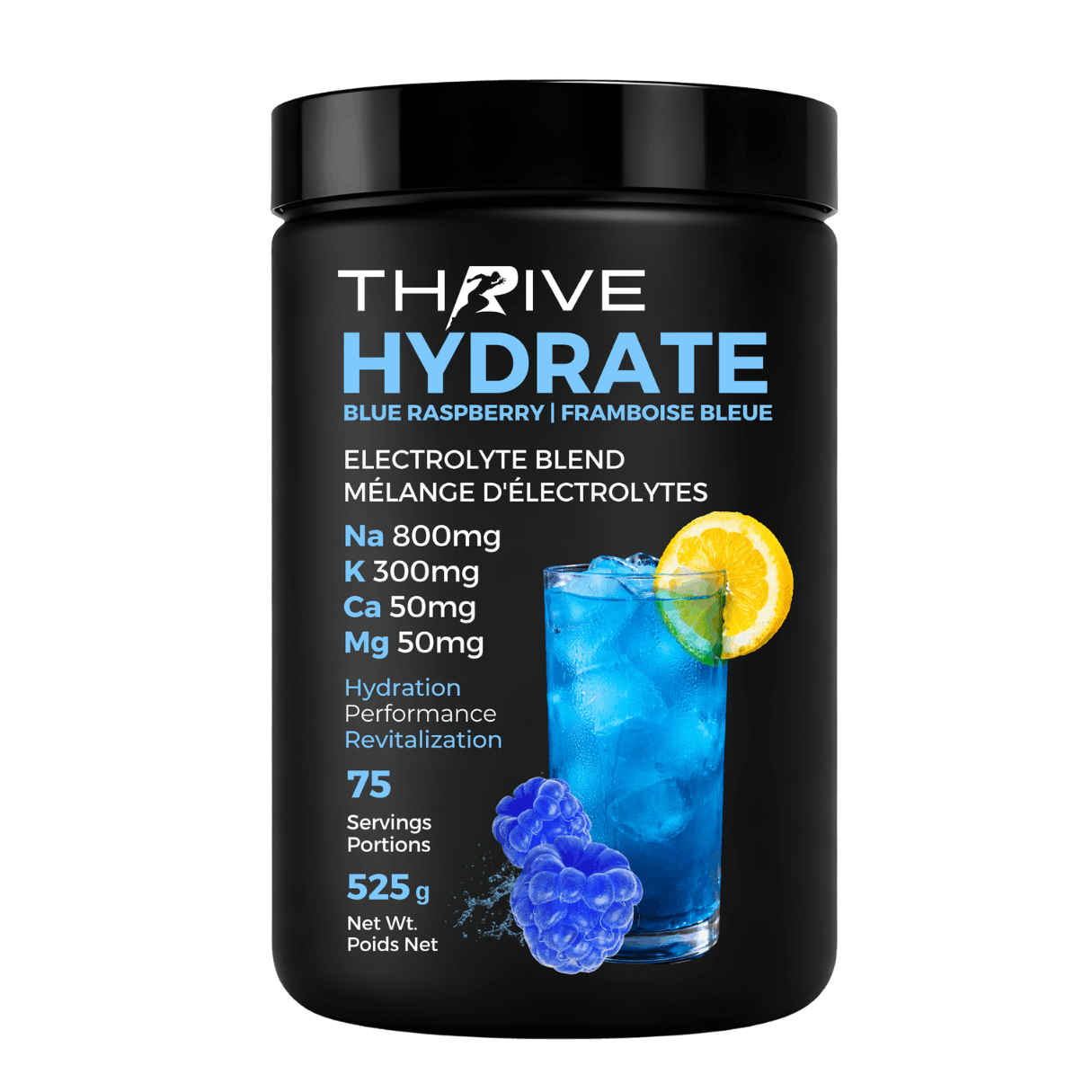 Thrive Hydrate Blue Raspberry – Canadian-made electrolyte powder with sodium, potassium, calcium, and magnesium, 525 g, 75 servings