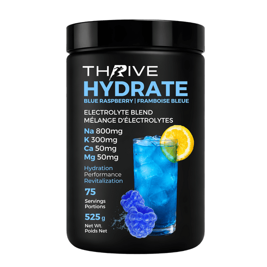 Thrive Hydrate Blue Raspberry – Canadian-made electrolyte powder with sodium, potassium, calcium, and magnesium, 525 g, 75 servings