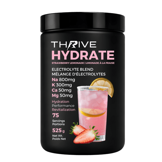 Thrive Hydrate Strawberry Lemonade – Canadian-made electrolyte powder with sodium, potassium, calcium, and magnesium, 525 g, 75 servings
