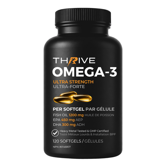 Black bottle of Thrive Omega-3 Ultra Strength 750 mg EPA + DHA fish oil supplement on a white background