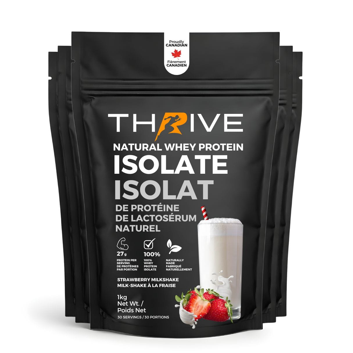 Thrive natural whey protein isolate strawberry, bag on a white background. 5 units, 150 servings. 