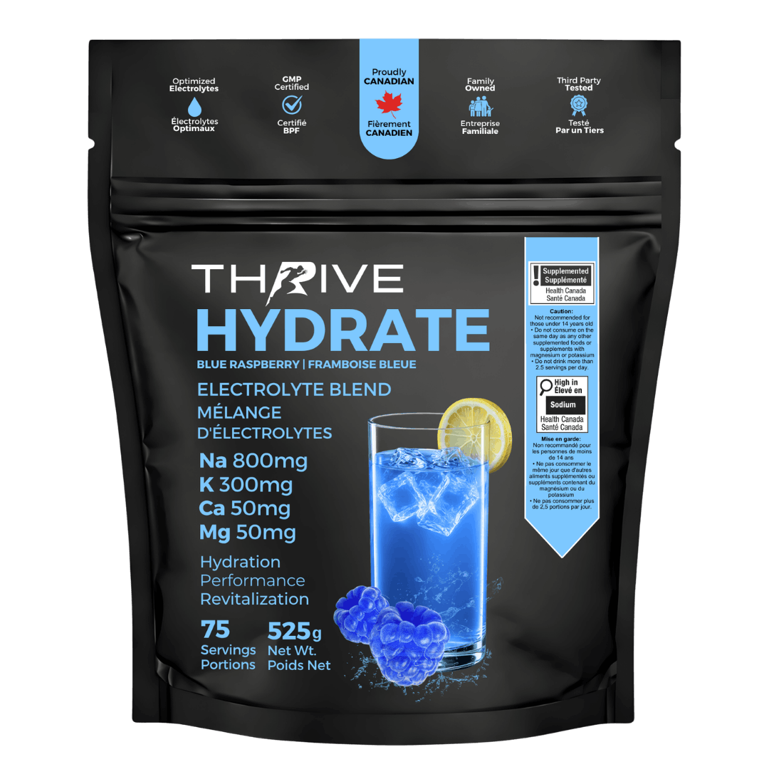 Thrive Hydrate Blue Raspberry – Canadian-made electrolyte powder with sodium, potassium, calcium, and magnesium, 525 g, 75 servings