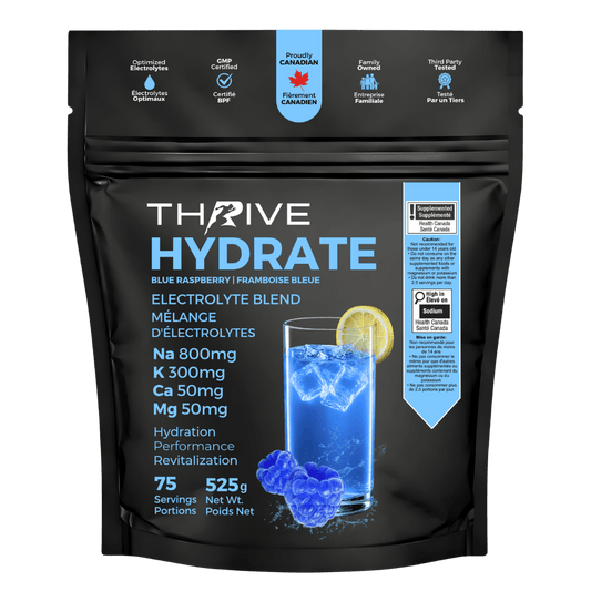 Thrive Hydrate Blue Raspberry – Canadian-made electrolyte powder with sodium, potassium, calcium, and magnesium, 525 g, 75 servings