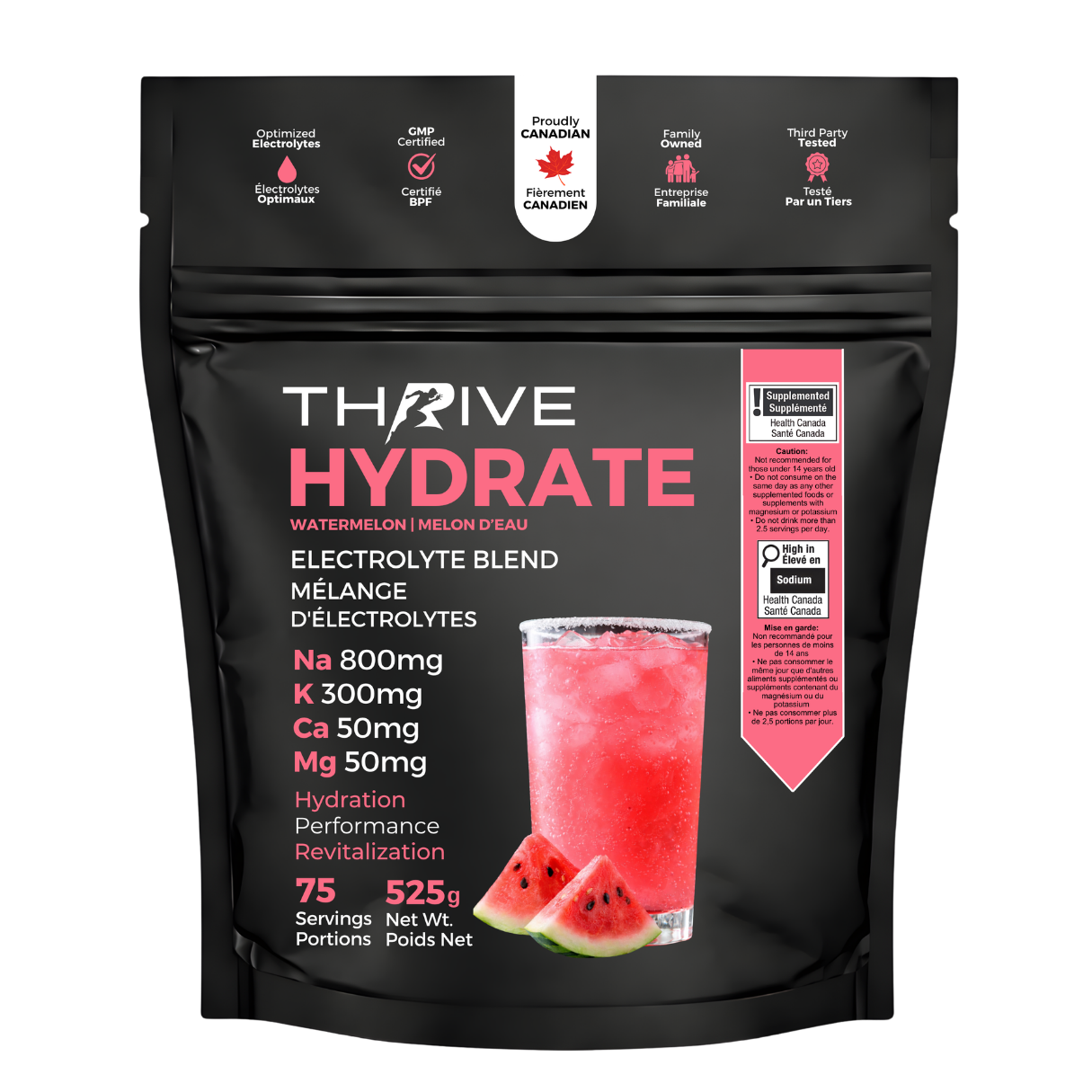 Black stand-up pouch of Thrive Hydrate Watermelon Electrolyte Blend with pink branding, featuring a glass of pink lemonade with lemon and strawberry slices, electrolyte highlights, and Health Canada supplemented food warning labels.