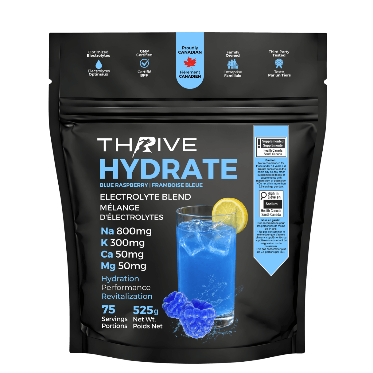 Thrive Hydrate Blue Raspberry – Canadian-made electrolyte powder with sodium, potassium, calcium, and magnesium, 525 g, 75 servings