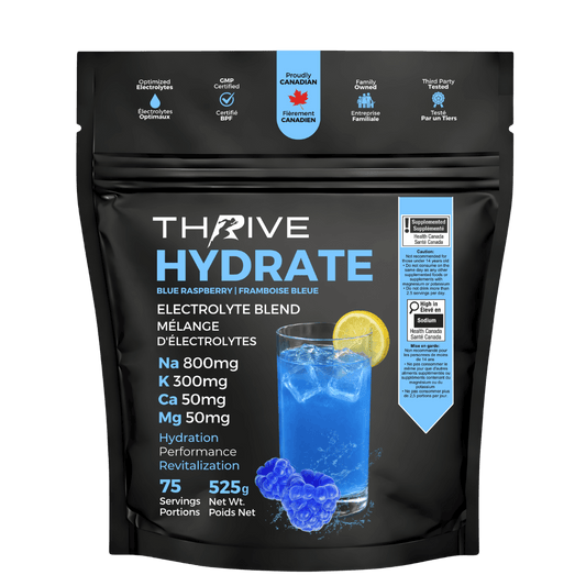 Thrive Hydrate Blue Raspberry – Canadian-made electrolyte powder with sodium, potassium, calcium, and magnesium, 525 g, 75 servings