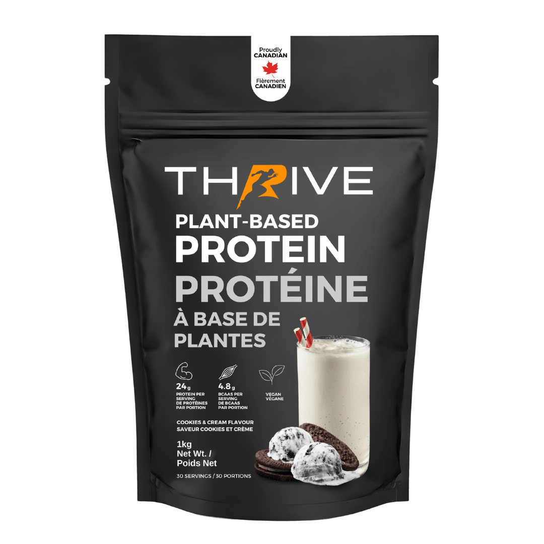 Black bag of Thrive plant-based protein powder cookies & cream 1 unit 