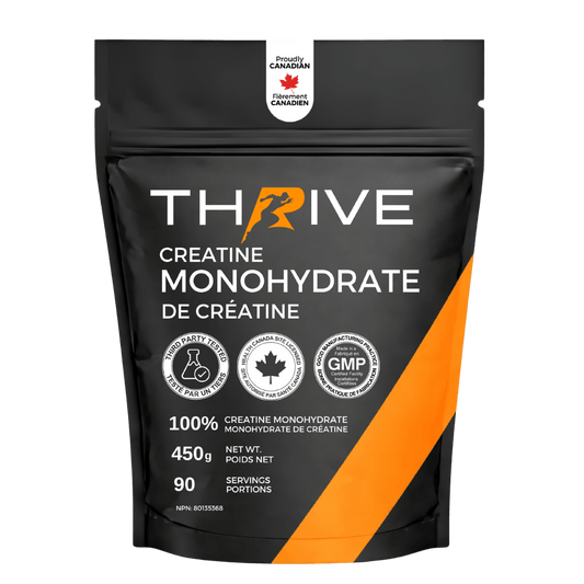 Thrive Creatine Monohydrate packaging with black and orange design (90 servings) made in canada