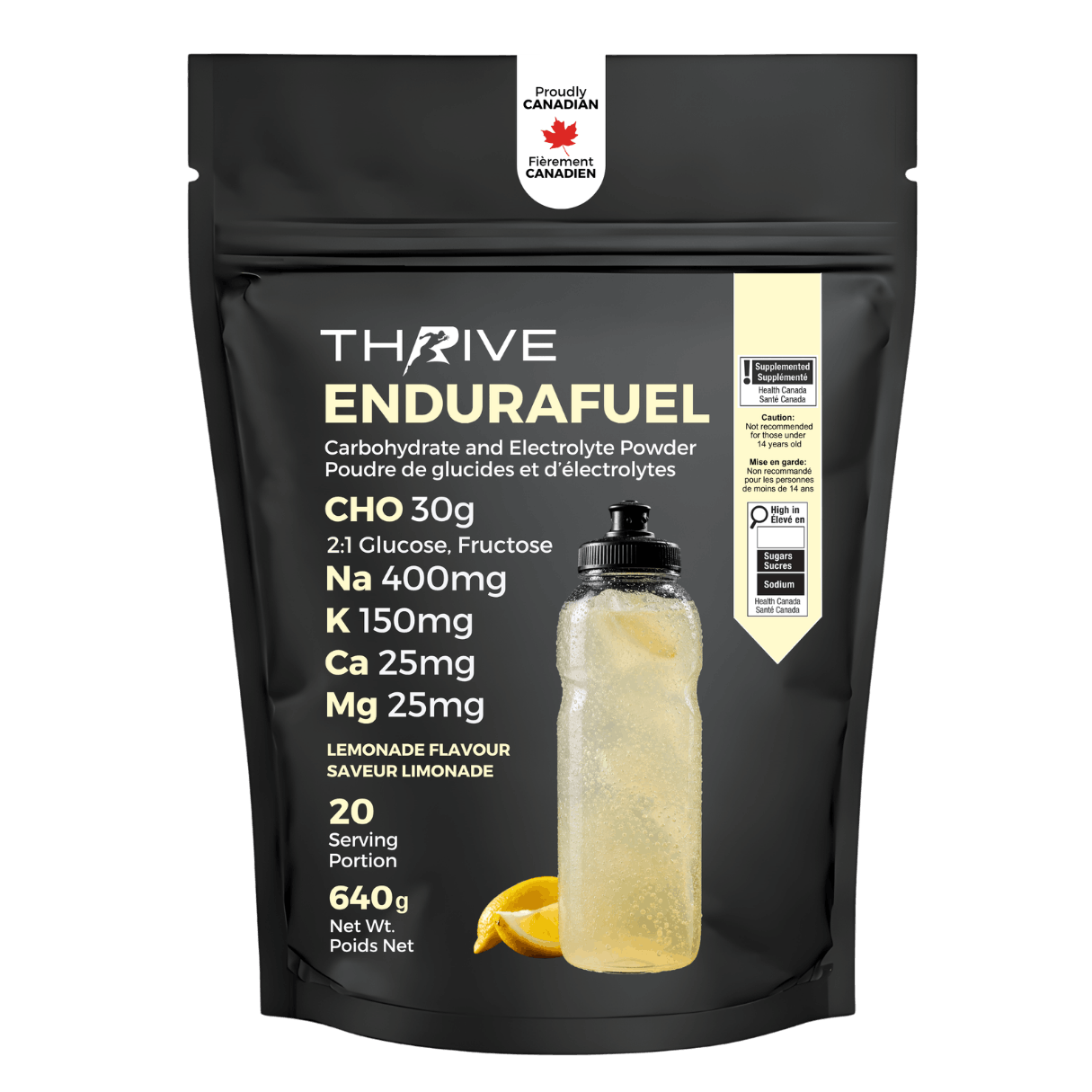 Thrive EnduraFuel Lemonade carbohydrate and electrolyte powder, 640 g endurance fuel with 30 g carbohydrates, sodium, potassium, calcium, and magnesium.