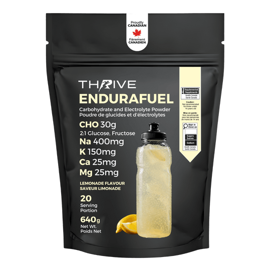 Thrive EnduraFuel Lemonade carbohydrate and electrolyte powder, 640 g endurance fuel with 30 g carbohydrates, sodium, potassium, calcium, and magnesium.