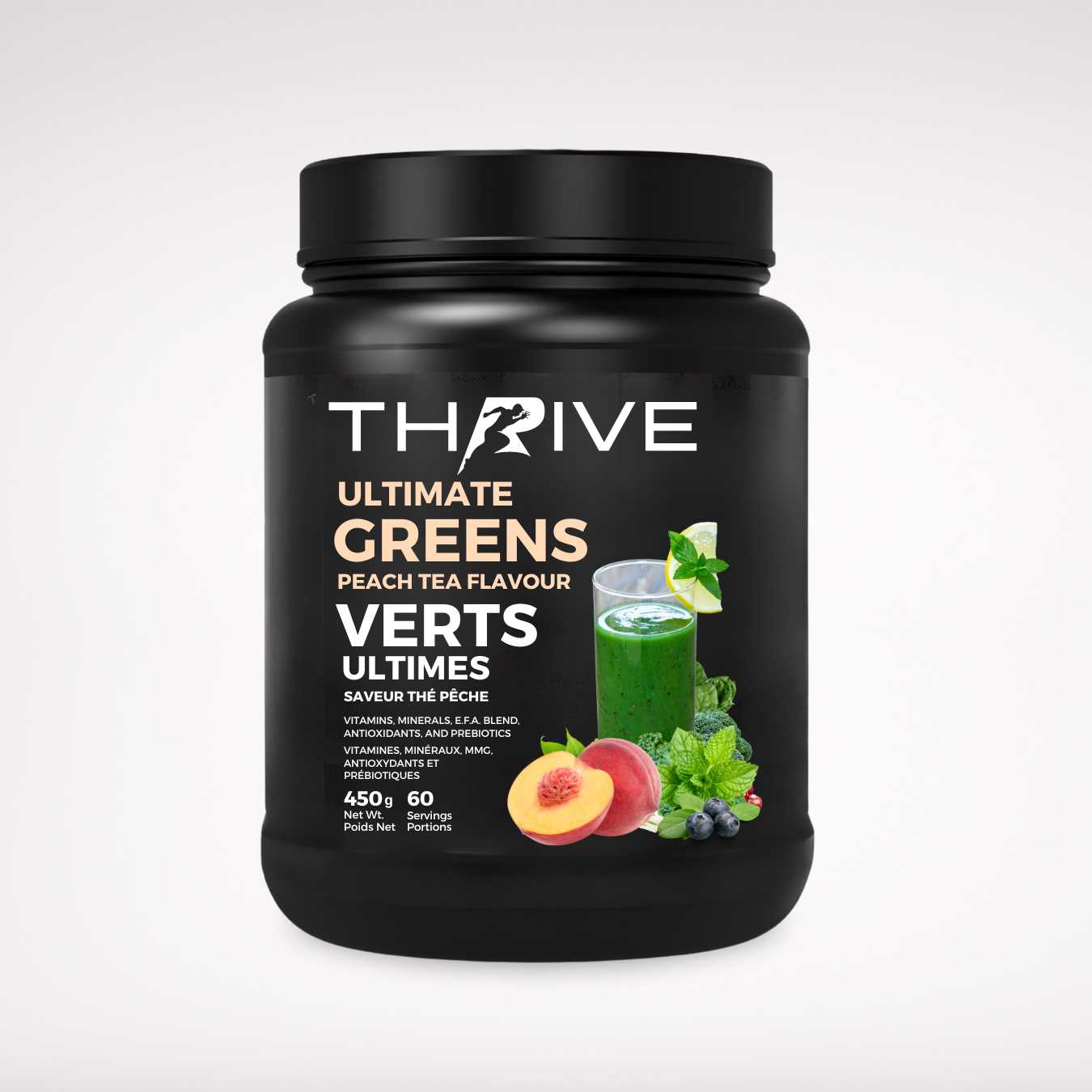 Thrive Ultimate Greens – Peach Tea - Canadian-made greens powder with superfoods, prebiotics, and antioxidants, 450 g tub with 60 servings 