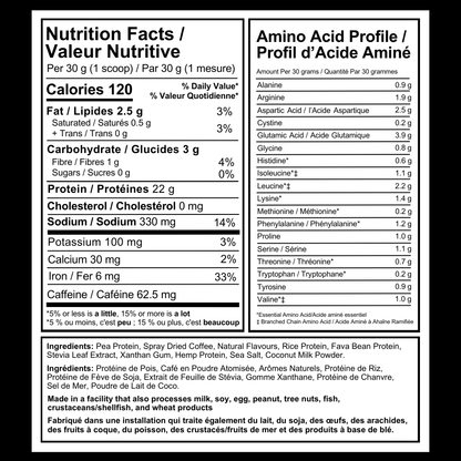 Nutrition facts and amino acid profile label for Thrive Plant-Based Protein Coffee