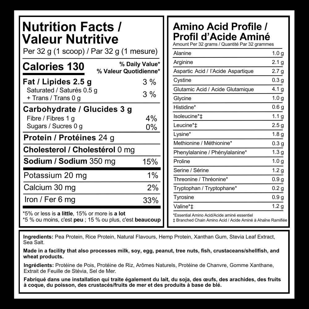 Nutrition facts and amino acid profile label for a Thrive Plant-Based Protein