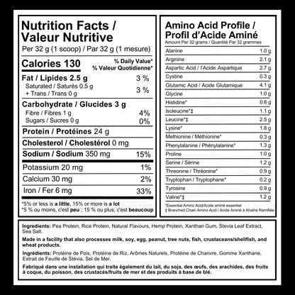 Nutrition facts and amino acid profile label for a Thrive Plant-Based Protein