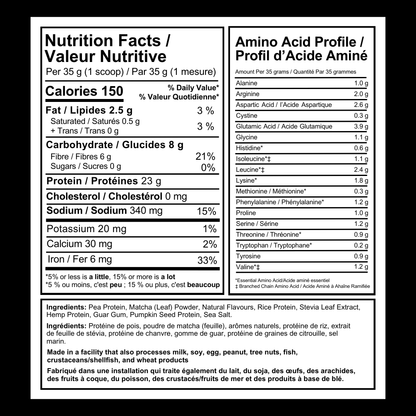 Nutrition facts and amino acid profile label for Thrive Matcha Vegan Protein
