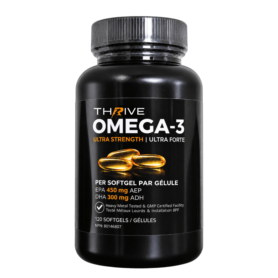 Thrive Omega-3 Ultra Strength fish oil supplement bottle, 120 softgels, 450mg EPA and 300mg DHA, heavy metal tested, made in Canada