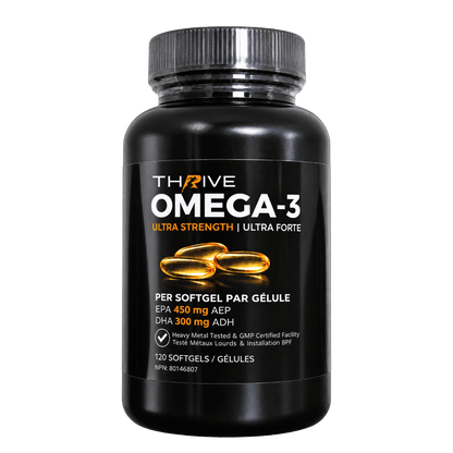 Thrive Omega-3 Ultra Strength fish oil supplement bottle, 120 softgels, 450mg EPA and 300mg DHA, heavy metal tested, made in Canada