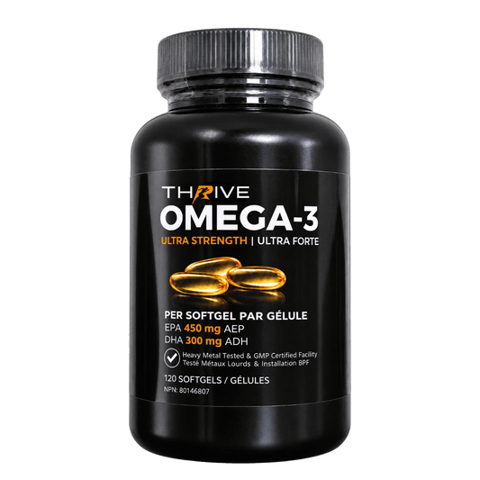 Thrive Omega-3 Ultra Strength fish oil supplement bottle, 120 softgels, 450mg EPA and 300mg DHA, heavy metal tested, made in Canada